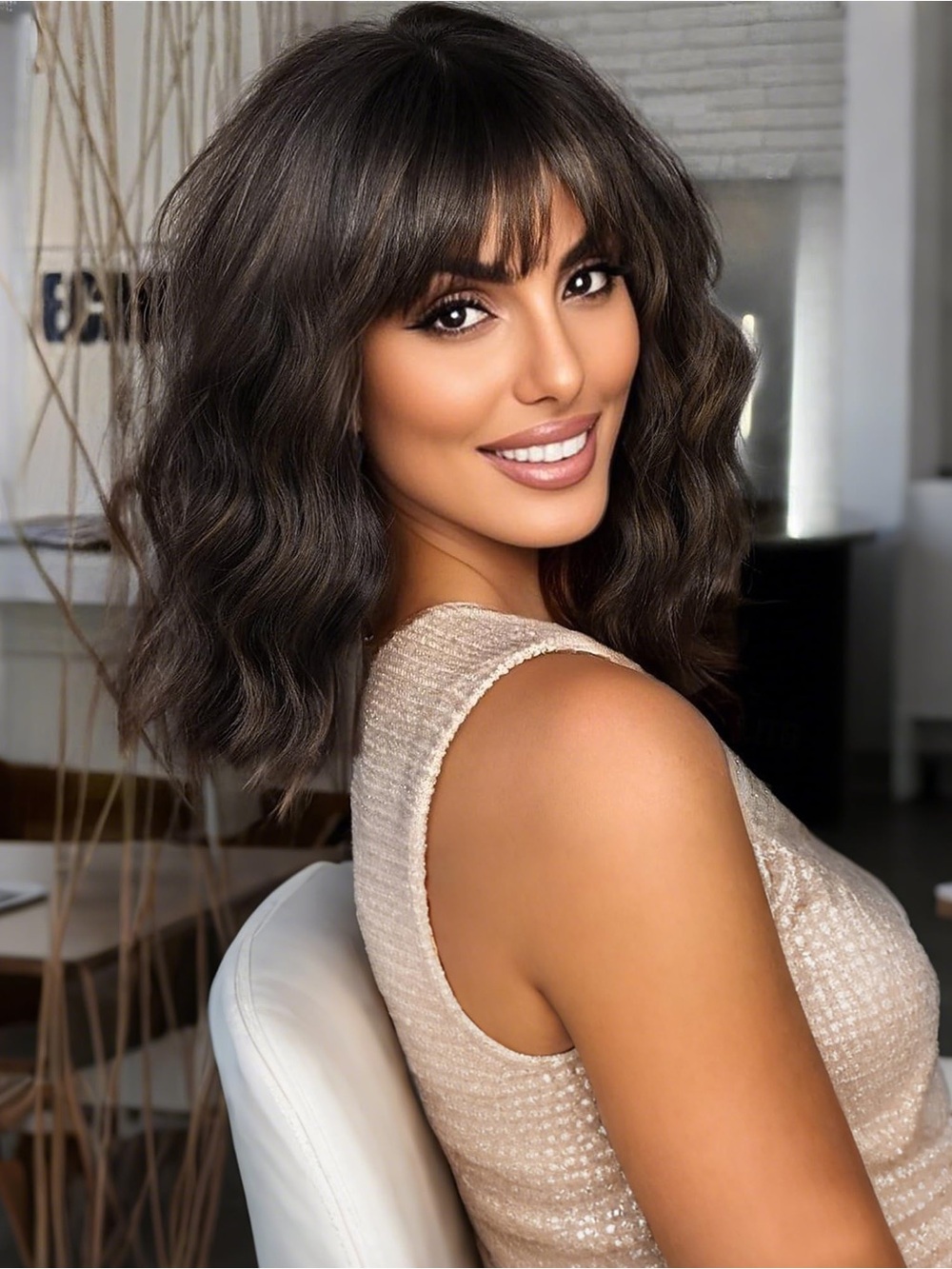 Wavy Shoulder-Length Synthetic Wig with Bangs - Dark Brown